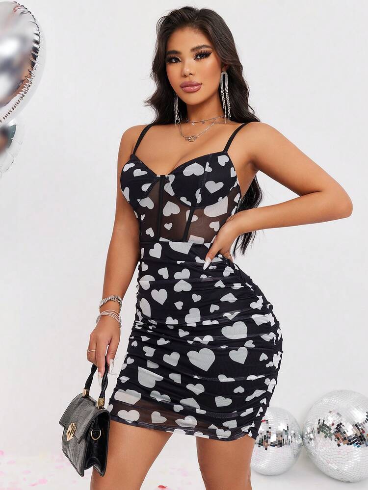 Women's Heart Print Ruched Bodycon Cami Dress