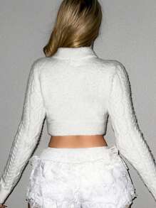 Sweetina 毛衣編織鉤花短開襟外搭 - 米色 - 查看 2