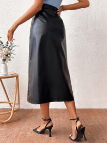 SHEIN Frenchy PU Faux Leather High Waisted Skirt With Front Split - Black - View 3