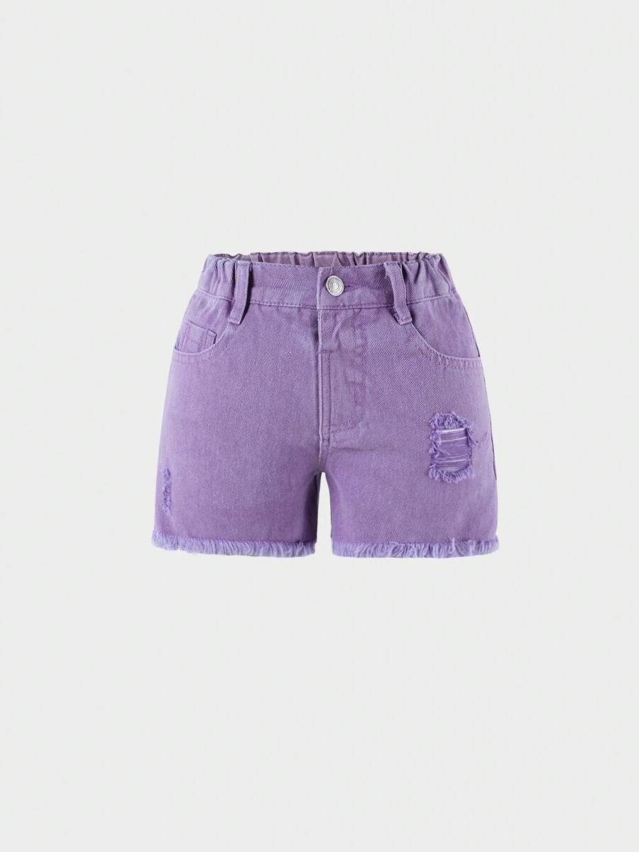 SHEIN Explorewe Nhỏ bé Cô gái Retro Cao đẳng Gió Thời trang Đường phố Cut-Off Rách Quần short Denim Với Fringe Hem In Tím Rửa - Màu tím - Xem 1