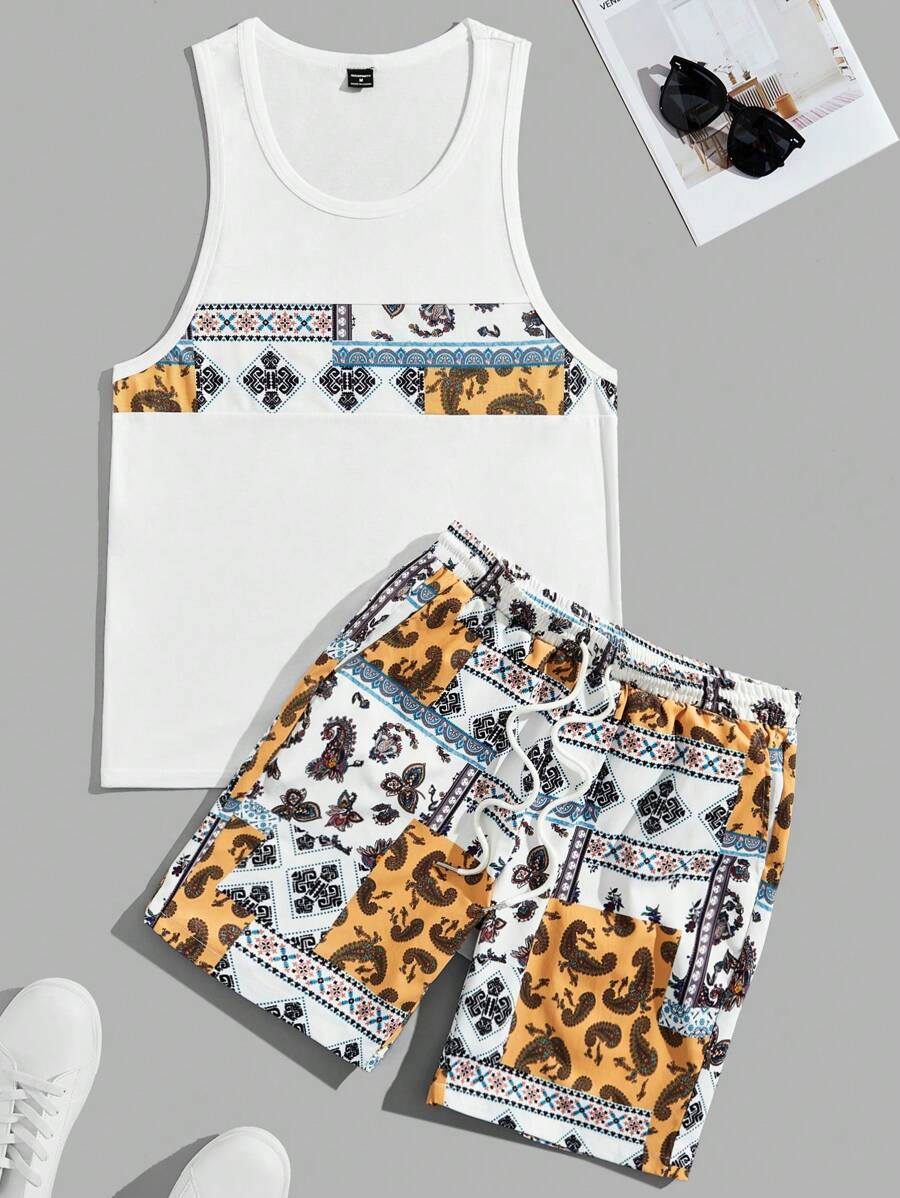 Manfinity RSRT 男士休閒無袖背心和印花短褲套裝，印有波斯花紋 - 白色 - 查看 1