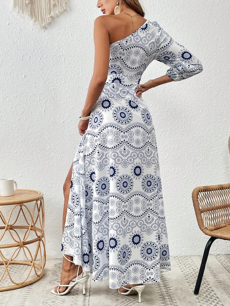 Ladies' Mandala Printed One Shoulder Dress Fall Cloth For Women