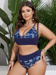 SHEIN Swim Curve Plus Size Bikini Set With Paisley Print And Splicing Design Summer Beach - Multicolor - View 5