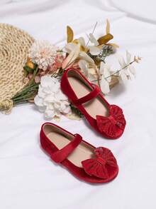 女孩可愛時尚蝴蝶結公主平底鞋,甜美紅色仙女風,適合禮服派對演出場合秋冬 - 紅色 - 查看 1
