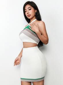 Flirla Conjunto De Suéter De Punto De Dos Piezas Para Mujer Con Bloques De Color Y Rayas - Blanco - Ver 3