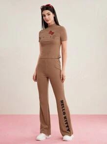 HELLO KITTY AND FRIENDS | SHEIN Cat Print Top & Letter Print Flare Pants Two Piece Set - Coffee Brown - View 3