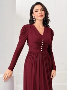 Modelyn 勃艮第红女士 V 领褶皱长袖连衣裙 - 酒紅色 - 查看 6