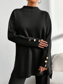 EURMUSE Women's Stand Collar Sweater And Sweater Pants Two-Piece Set - Black - View 4