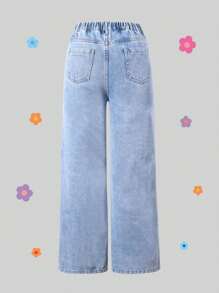 SHEIN Wildeya Tween dziewczynka Modny & Wygodna Szeroka nogawka Dżinsy Z Kwiat Patchwork Haft Dla Ulica Szyk Styl