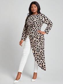 SHEIN Lady 女大尺碼豹紋扭結襯衫 - 彩色 - 查看 6