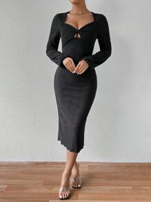 Chiquease Solid Color Slim Fit Hollow Out Dress - Black - View 6