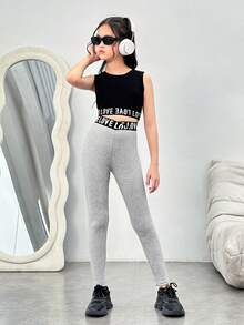 Cô gái Tween Dệt kim In thư Giải trí Xà cạp Bộ - Nhiều màu - Xem 8