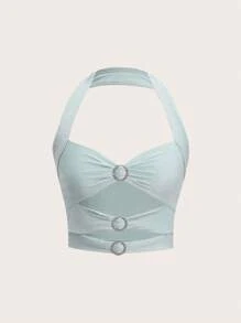 Aveloria Rosie Women'S Halter Neck Pleated Cut-Out Tank Top - Mint Green - View 1