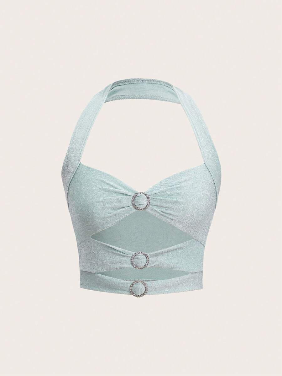 Aveloria Rosie Women'S Halter Neck Pleated Cut-Out Tank Top - Mint Green - View 1