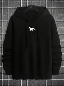 SHEIN Cottnline Men Horse Print Kangaroo Pocket Drawstring Hoodie - Black - View 3