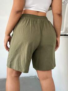 SHEIN EZwear Của phụ nữ Kích thước lớn Eo dây rút Màu thuần Quần short Với Nghiêng Túi - xanh quân đội - Xem 2