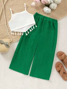 SHEIN Cô Gái Trẻ Màu thuần Fringe Hem Áo ba lỗ Và Quần Bộ - Hồng - Xem 2