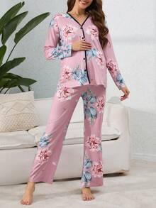 孕婦花卉印花睡衣套裝 - 藕粉色 - 查看 6