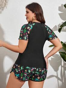 Swim Lushoire Plus Size Summer Beach Plants Printed Patchwork Rashguard Set - Green - View 2