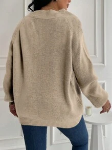 EURMUSE Plus Size Women's V-Neck Loose Sweater - Beige - View 2