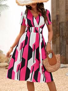 SHEIN LUNE In Hình học Nếp uốn Ngắn tay Vượt qua Mặt trước Eo Buộc Ngắn Đầm - Nhiều màu - Xem 5