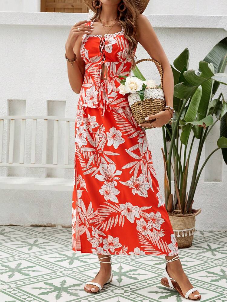 Women's Sleeveless Floral Print Tie-Front Top And Skirt Set