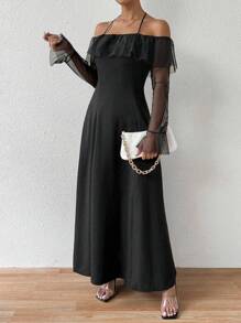 Chiquease 不对称露肩优雅网眼连衣裙，配有收腰细节，超长女士服装 - 黑色 - 查看 5