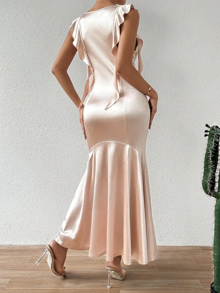 Cowl Collar Printed Ruffles Hem Mermaid Dress For Women