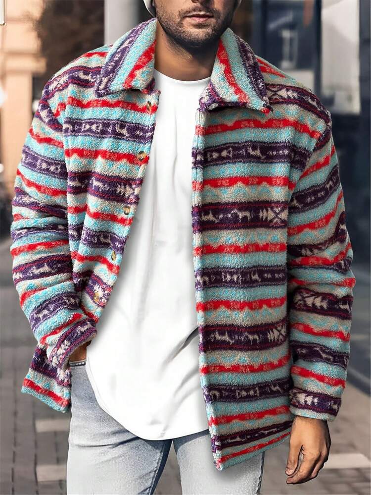 Loose Fit Men's Striped Plush Button Front Jacket