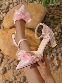 Women's Pointed Toe Bowknot High Heel Slippers With Closed Toe - Pink - View 1