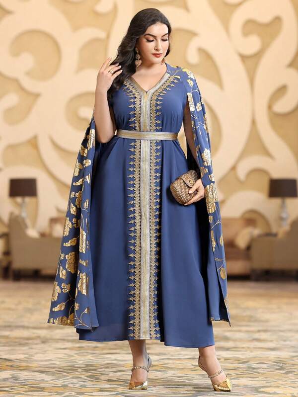 Al Najma Plus Size Embroidered Dress With Weave Tape Stripes And Cape Sleeves