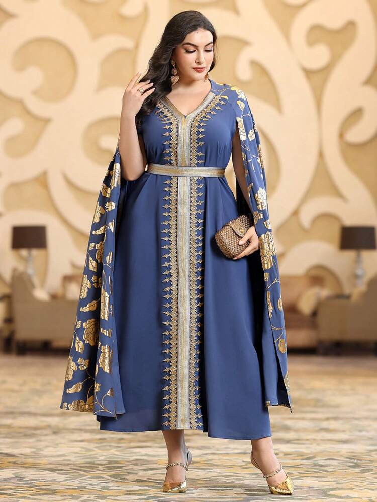 Plus Size Embroidered Dress With Weave Tape Stripes And Cape Sleeves Kaftan Jalabiya Dress