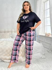 Plus Size Grid Heart & Slogan Pattern Short Sleeve T-Shirt And Long Pants Casual Pajamas Set Girls Night Wearnight Wear Women