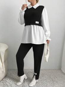 SHEIN Essnce 大码春夏装新款时尚休闲拼接拼色长袖两件套 - 黑與白 - 查看 3