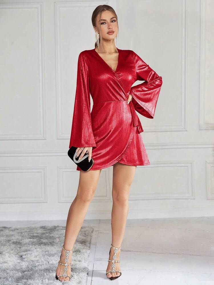 Women's Plain V-Neck Flare Sleeve Dress