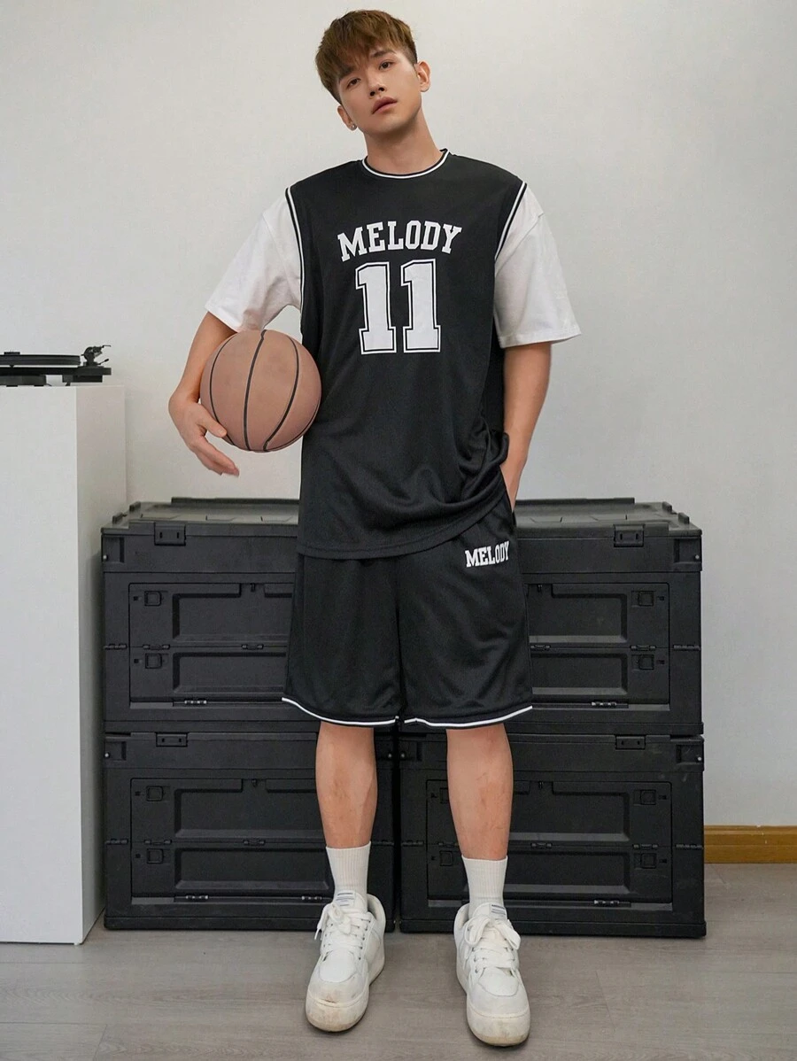 DAZY Nam Giải trí Quần áo thể thao Bộ Với Lá thư In ấn Cho mùa hè - Đen và trắng - Xem 1