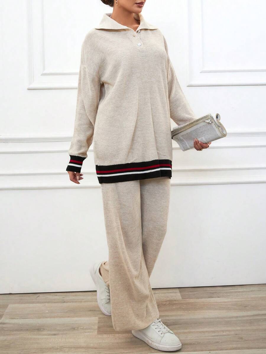 RueChic Women's Striped Patchwork Long Top And Pants Two-Piece Set - Beige - View 1