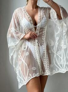 SHEIN Swim Boda Tipo Kimono Abierta Con Parte Delantera Ahuecada Bordada - Beis - Ver 4