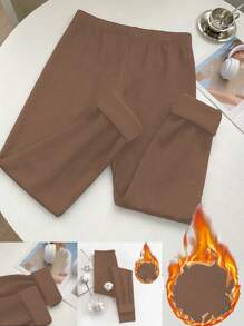 Flirla Women's Plus Size Solid Color Thermal Lined Thermal Leggings - Khaki - View 1