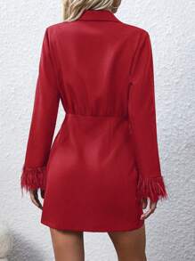 SHEIN Privé 毛毛袖口雙排扣西裝外套 - 紅色 - 查看 2