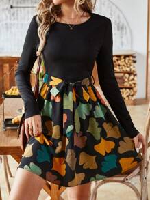 SHEIN LUNE 女性銀杏葉印花拼接打結裙 - 彩色 - 查看 5