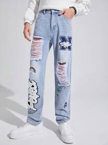 SHEIN Gestickte Buchstaben Jeans Mit Geradem Schnitt Und Samt-futter Für Männer Und Teenager