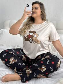 Ensemble de pyjama casual à manches courtes et pantalon imprimé ours pour femmes grande taille - Multicolore - Voir 5