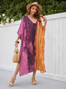 SHEIN VCAY 女士tie-dye印花蝙蝠袖裙 - 彩色 - 查看 3