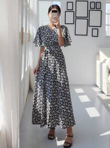 DAZY Women's Printed V-Neck Waist-Cinching A-Line Dress - Black - View 1