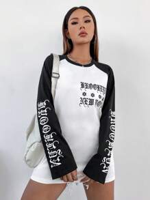 SHEIN Unity 字母印花長袖t恤,色塊拼接設計 - 黑色 - 查看 6