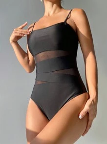 SHEIN Swim Ladies' Sexy Mesh Splicing One-Piece Swimsuit With Spaghetti Straps, Mature Charm Style Carnival - Black - View 7