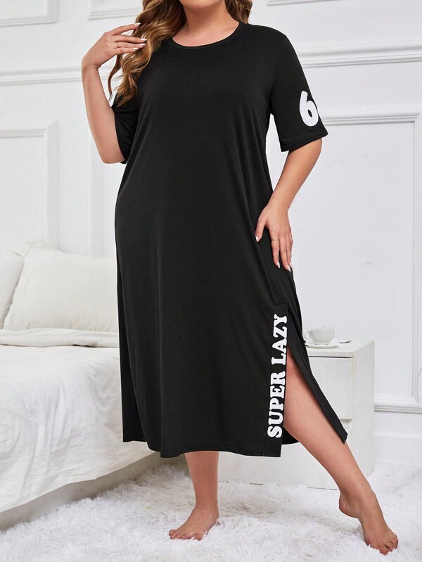 Plus Size Alphabet Printed Split Hem Pajama Sleepwear Dress, Long Dress