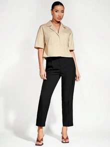 SHEIN BASICS Của phụ nữ Ngắn tay Thả vai Áo sơ mi - Màu Khaki - Xem 4