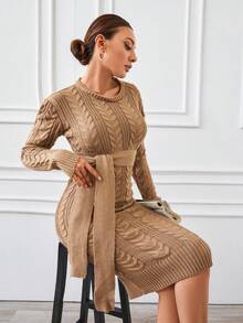 EURMUSE 女式皮帶圓領修身針織毛衣連衣裙 - 駝色 - 查看 5